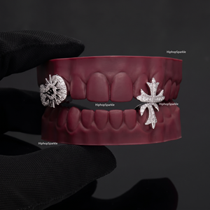 Grillz personnalisés en argent sterling 925 avec diamants Moissanite VVS, capuchons dentaires Hip Hop avec motifs croix et étoile pour hommes - Product Image 1