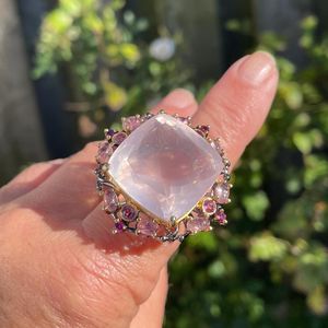 Natural Rose Quartz Tourmaline Rhodolite Garnet 925 Sterling Silver Black Rhodium <b>gold</b>/ Huge Pink Gem <b>Cocktail</b> <b>Ring</b> - Product Image 1