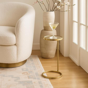 Gold Glass Drink <b>Table</b> Metal Martini <b>Round</b> <b>Small</b> Drink Side <b>Table</b> for Couch Tempered Glass C Shaped End <b>Table</b> - Product Image 3