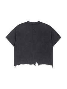 Camiseta Corta Oversize Negra con Bajo Deshilachado y Efecto Desgastado para Hombre, de Manga Corta, Cuello Redondo, Color Liso, Estilo Casual - Product Image 2