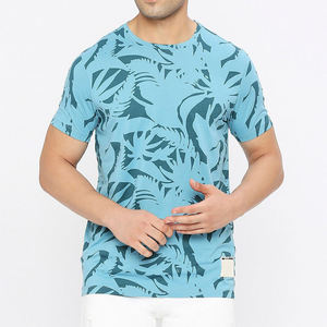 T-shirt à manches courtes pour homme, bleu clair, imprimé tropical, col rond, coupe classique, jersey tricoté décontracté - Product Image 1
