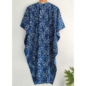 Vestido Kaftán de Algodón con Estampado Floral Azul, Cuello en V, Estilo Bohemio, Holgado, Informal, para Vacaciones de Verano - Product Image 3