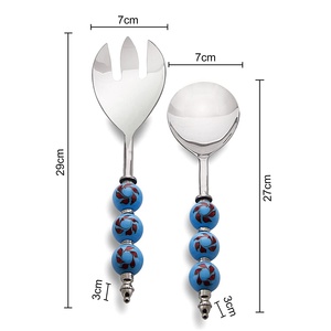 Stainless Steel Cutlery Salad Server Fork and Spoon Set of 2 Stainless Steel With Blue Bead and <strong>Red</strong> Climber Beads <strong>Handle</strong> - Product Image 4