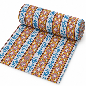 Tela de Voile de Algodón Peinado 60S60S Ligera con Estampado Floral Hecho a Mano Pinksa, Diseño de Hojas Amarillas y Azules, 90 GSM - Product Image 4