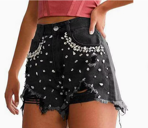Shorts de mezclilla desgastados con pedrería para mujer, de cintura alta, estilo streetwear de verano, color azul claro con dobladillo deshilachado - Product Image 6