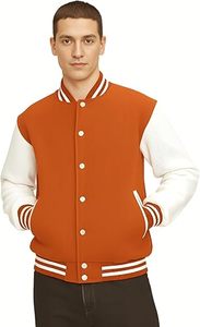 Veste universitaire pour homme orange et blanche avec fermeture boutonnée, style décontracté classique, col rabattu, matière polyester, vêtement d'automne - Product Image 4