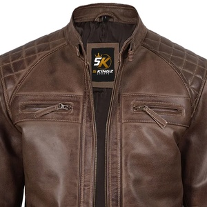 Veste en cuir véritable marron pour homme, col rabattu, fermeture éclair, deux poches, style décontracté automne - Product Image 3