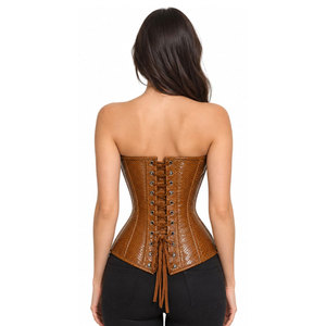 Brown <b>Leather</b> <b>Corset</b> With Snake Skin Texture Front Button Back Lace-Up Design Women Shapewear Firm Control Adult Size - Product Image 4