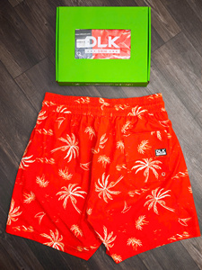 DLK Bañador para hombre con estampado de palmeras rojas, de secado rápido, cintura elástica, pantalones cortos de playa de poliéster tejido - Product Image 1