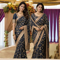 Sari en soie bleu marine Bandhani avec broderie Zari dorée, élégant, longueur genou, pour femme, idéal pour mariage/fête/Diwali, coupe classique