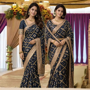 Sari de Seda Azul Marino con Bordado Zari Dorado, Elegante, Hasta la Rodilla, para Mujer, para Bodas/Fiestas/Diwali, de Secado Rápido y Elástico - Product Image 6
