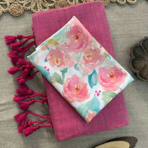 Sari indien traditionnel en coton Khadi - Tissu tissé à la main doux avec des pompons décoratifs et une pièce en coton magique - Product Image 1