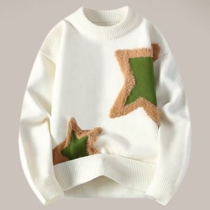 Suéter de punto con patrón de estrellas en patchwork para hombre, cuello redondo, ajuste holgado, estilo pareja, capa base cálida, tops de punto afelpados para invierno - Product Image 2