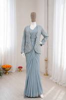 Ensemble de sari en crêpe de soie bleu clair brodé, prêt à porter, avec chemisier et veste pour mariage ou fête