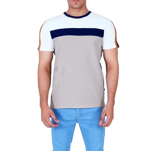 Men's <b>Light</b> Gray Color Block T Shirt Crew Neck Short Sleeve Casual Summer Fashion Tee With Contrast Chest Stripe - Product Image 1