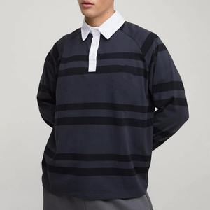 Chemises polo de rugby pour hommes, design rayé premium, manches longues, matière en coton polaire, coupe décontractée, épaules tombantes, polos personnalisés - Product Image 1