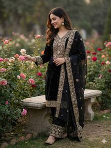 ชุดคุर्ตาปักลายสีดำแบบดั้งเดิมของผู้หญิงอินเดียและปากีสถาน พร้อมผ้าคลุมไหล่สีทอง ความยาวระดับพื้น ชุดพื้นเมือง - Product Image 3