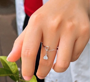 10K Solid Gold Lab Diamond <b>Ring</b> Fine Jewelry Heart Chain Drop S925 Silver Dangle Pendant Finger <b>Adjustable</b> <b>Ring</b> Valentine's Day - Product Image 2