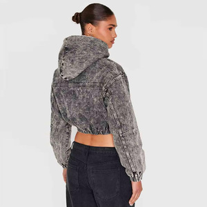 Chaqueta Corta de Mezclilla para Mujer con Capucha, Cierre de Cremallera, Manga Farol, Color Sólido Lavado a la Piedra, Estilo Blusón de Otoño, Largo Corto - Product Image 2