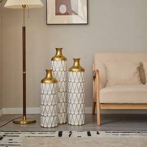 Modern Style 3-Piece Home Decoration Set Large Glazed White Metal <b>Vase</b> Droplet Shape <b>Floor</b> <b>Standing</b> Gorgeous Modern Home Decor - Product Image 2