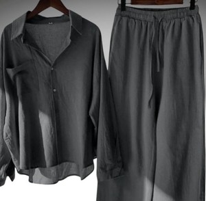 Conjunto de camisa y pantalones de lino para mujer, conjunto de dos piezas informal de manga larga de color sólido, corte holgado, para primavera y verano, con cuello vuelto - Product Image 5