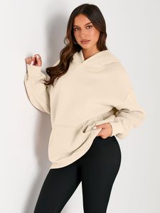 Sweat-shirt à capuche oversize pour femme, couleur unie, manches longues, en polaire respirant, leggings noirs, baskets blanches, vêtements d'automne - Product Image 3