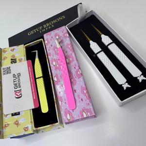 Pince à épiler pour extensions de cils en acier inoxydable, à pointe dorée, à découpe papillon droite, pour volume russe, à 90 degrés, pour application de poudre, avec revêtement en poudre - Product Image 4