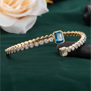 2.01 CT Blue Emerald Cut Lab Grown Diamond Open <b>Bangle</b> 14K Gold Bezel <b>Set</b> Elegant Diamond Bracelets & <b>Bangles</b> - Product Image 1