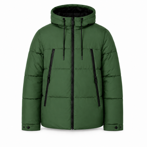 Blouson d'hiver matelassé premium pour homme, capuche réfléchissante intégrée, noir, poches zippées, extérieur lisse, rembourrage chaud, style streetwear moderne - Product Image 1