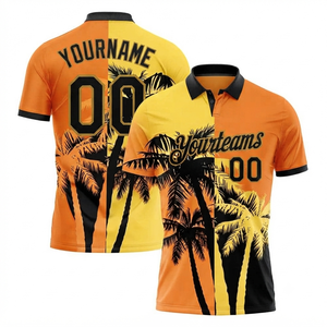Polo personnalisé avec nom et numéro, imprimé palmiers, manches courtes, orange jaune, pour les vacances - Product Image 1