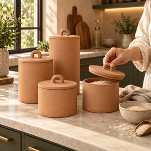 Ensemble de quatre pots en céramique terracotta avec couvercles en argile assortis |   Bocaux de rangement rustiques pour cuisine, pour l'organisation du comptoir de garde-manger - Product Image 2