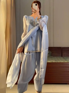 Amazing Collection Designer Party Wear Look pure Fendy Silk Suit With <b>Embroidery</b> Work With Sleeve With Handwork EID Wear - Product Image 1