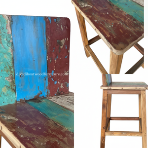 Tabouret de bar design en bois de bateau recyclé, style rustique vintage industriel, bois coloré original, pour pub, café, restaurant - Product Image 5