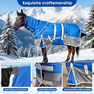 Manta para Caballo con Capucha, Peso Medio, para Invierno, Impermeable 1200D (Azul Gris con Banda, 78 pulgadas) - Product Image 3