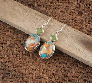 Boucles d'oreilles pendantes en argent sterling 925 avec coquille d'huître épineuse naturelle, turquoise et péridot, bijoux bohèmes orange et verts, vente en gros - Product Image 2