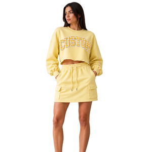 Wholesale Women's Custom Gingham <b>Applique</b> Two Piece Cropped Sweatshirt & Cargo Mini Skirt Soft French Terry Tracksuit Streetwear - Product Image 1