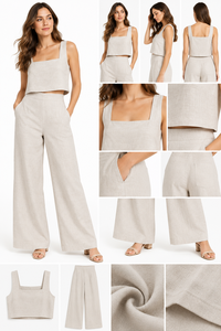 Ensemble pantalon d'été tissé de qualité supérieure - Haut court élégant sans manches beige et pantalon décontracté moderne - Product Image 3