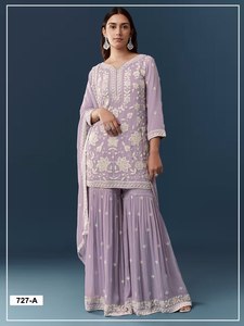 Costume en rayonne brodé lavande pour femme avec dupatta, tenue traditionnelle indienne et pakistanaise longue jusqu'au sol - Product Image 1