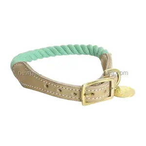 Rope dog collar light green ombre soft cotton pet collar with leather buckle wholesaler manufacture pets products