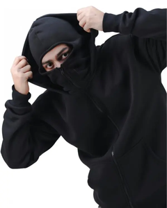 Men <b>Crew</b> <b>Neck</b> Fleece <b>Sweatshirt</b> Solid <b>Black</b> Windproof Mask Design Pocket Regular Fit Autumn Casual Knitted 100% Cotton 400g - Product Image 4