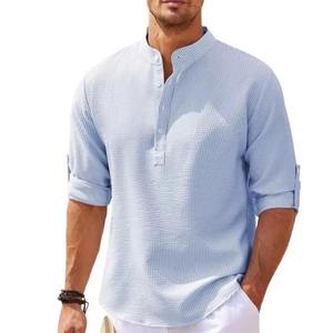 Chemise décontractée pour homme, vert clair, col montant, manches courtes, coupe classique, 100 % coton tissé, respirante, couleur unie - Product Image 5