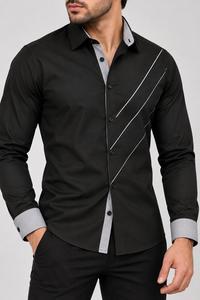 Camisa de Hombre Negra de Manga Larga, Cuello Mao, Popelina 100% Algodón, ODM, para Primavera, Antiarrugas - Product Image 5