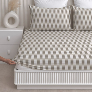 Beige <b>Striped</b> Cotton Fitted Bedsheet with Elastic | Soft Breathable Wrinkle Resistant Hotel Quality <b>Bedding</b> for Modern Bedroom - Product Image 1