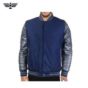 Veste varsity épaisse pour homme, couleur gris marine, blocs de couleurs, écologique, manches en cuir PU, boutons pression, coupe-vent, hiver - Product Image 6