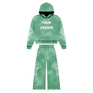 Ensemble de survêtement en tissu 100% coton délavé à l'acide, qualité supérieure, avec impression sérigraphiée de strass, coupe oversize à capuche, vente en gros OEM - Product Image 3