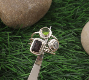 Bague de mariage en argent sterling 925 avec grenat naturel, péridot, topaze bleue, multi-pierres, bijoux de naissance, rangée arc-en-ciel, pour femmes - Product Image 1