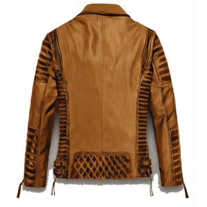 Men's <b>Brown</b> Genuine <b>Leather</b> Moto <b>Jacket</b> Zipper Closure Mandarin Collar Breathable Embossed Details Slim Fit Regular Length - Product Image 6