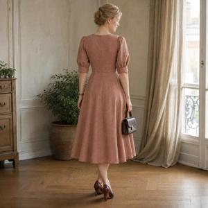 Premium Boho Brown <b>Linen</b> Midi <b>Dress</b> O-Neck Puff Sleeve Flowy Loose Fit Casual Summer <b>Women</b> Maxi <b>Dress</b> - Product Image 3