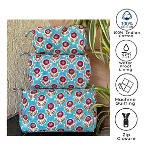 Jaipur Waterproof Hand Block Printed Quilted Cotton Travel Pouch Set Eco Friendly Durable Washable Organizer Daily Use Unisex - Product Image 2