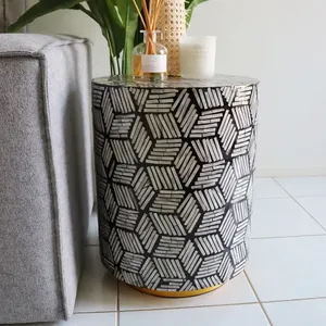 Handmade Mosaic Drum Side <b>Table</b> <b>Stools</b> Mother of Pearl Black And White Cube Inlaid Coffee <b>Stool</b> Living Room Furniture - Product Image 3